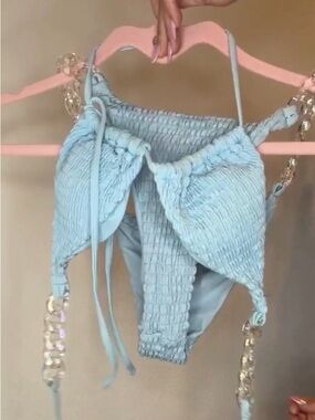 Beach Bunny Light Blue Smocked Bikini with Gold Chain Accents